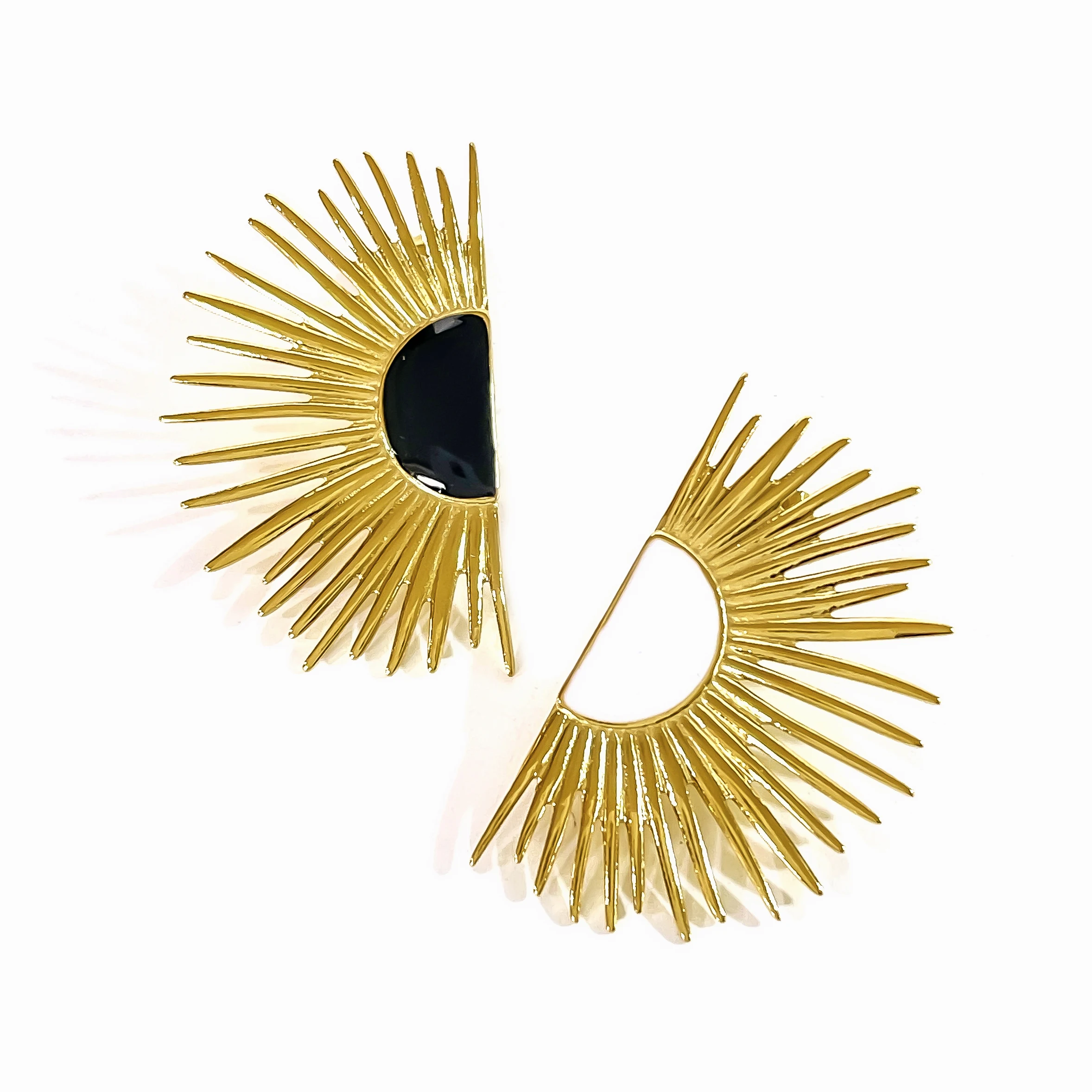 Peri\'sbox Trendy Statement Enamel Sunflower Symmetric Stud Earrings for Women Stainless Steel Geometric Fan-shape Earring Summer
