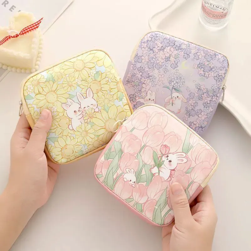 Cute Cartoon Oil Painting Portable Coin Purse, Earphone Data Cable Storage Pouch, Lipstick Bag, Large Capacity Portable Menstrual Bag