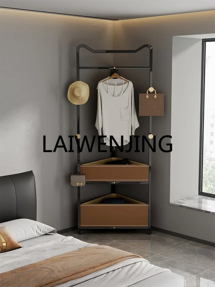 Stainless Steel Movable Corner Coat Rack Bedroom Corner Saddle Leather Storage Organizer Floor Clothes Rack