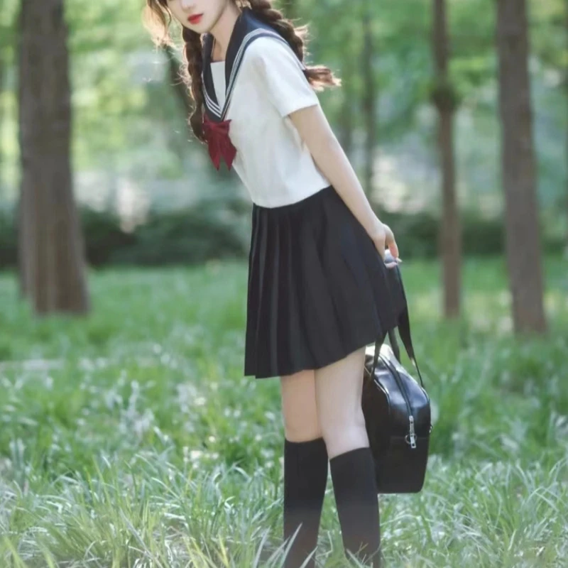 Stile giapponese XS-2XL Uniforme scolastica per ragazze della scuola Abbigliamento blu scuro Donna Sexy Navy Jk Abito basic Camicetta da marinaio Gonna a pieghe