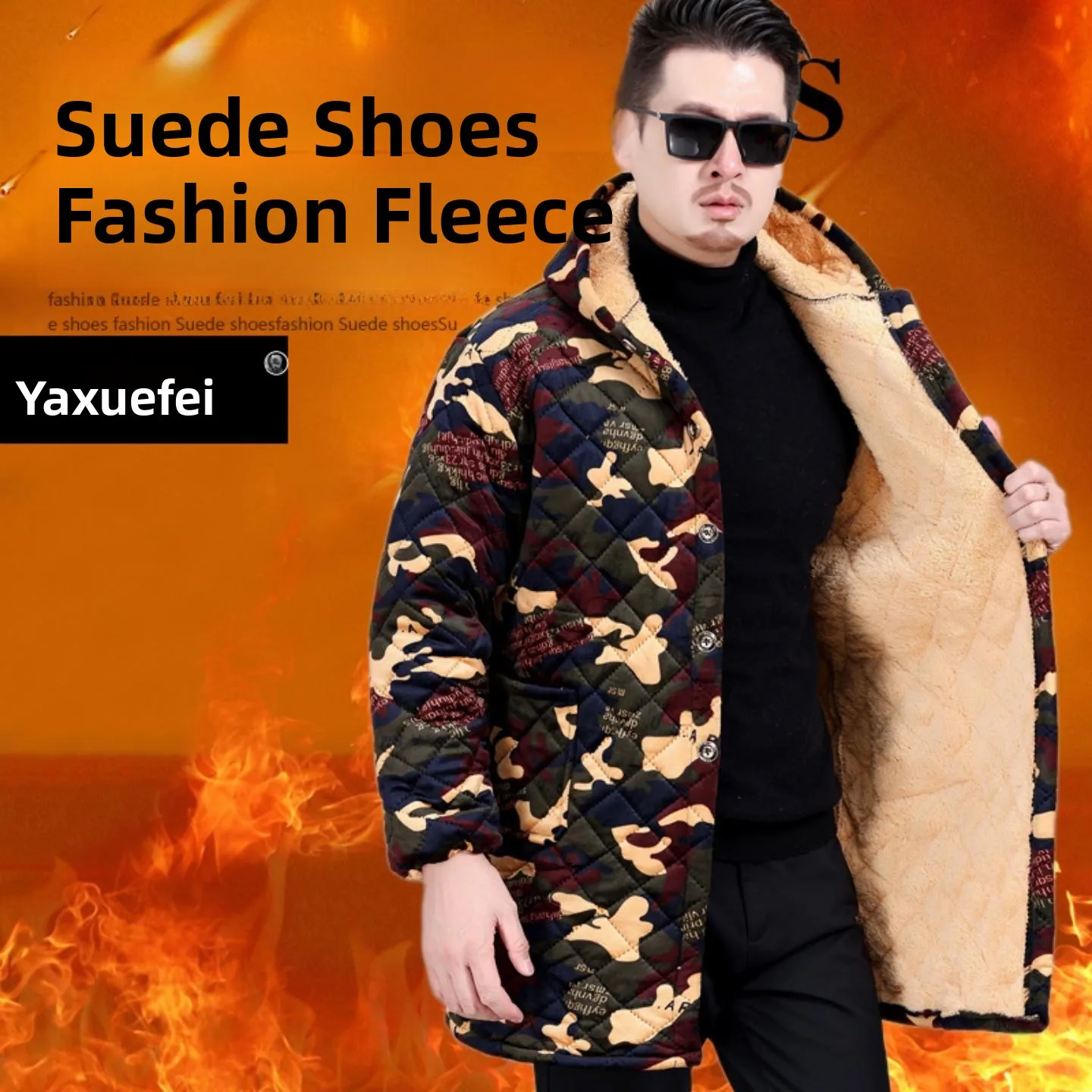 

Men's Winter Fce Lined Jaet Thiened Mid-Length Workwear Protective Outerwear Warm Cotton Coat with Hood Polyester Fiber