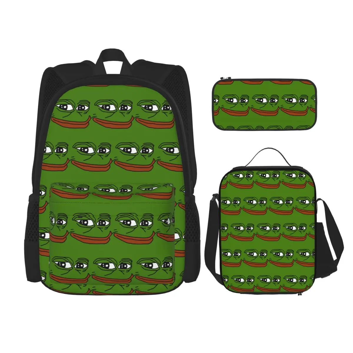 

Pepe The Frog Peepo Emote Backpacks Boys Girls Bookbag Children School Bags Kids Rucksack Lunch Bag Pen Bag Three-Piece Set