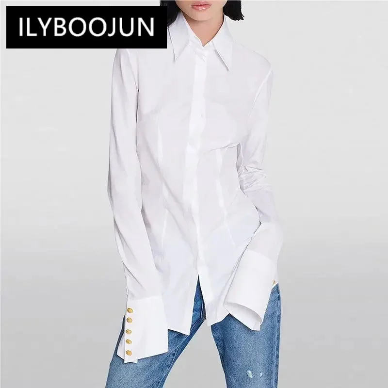 

Newest European Style Lady Brief Designed Solid Turn-down Collar Flared Long Sleeve Shirt For Women