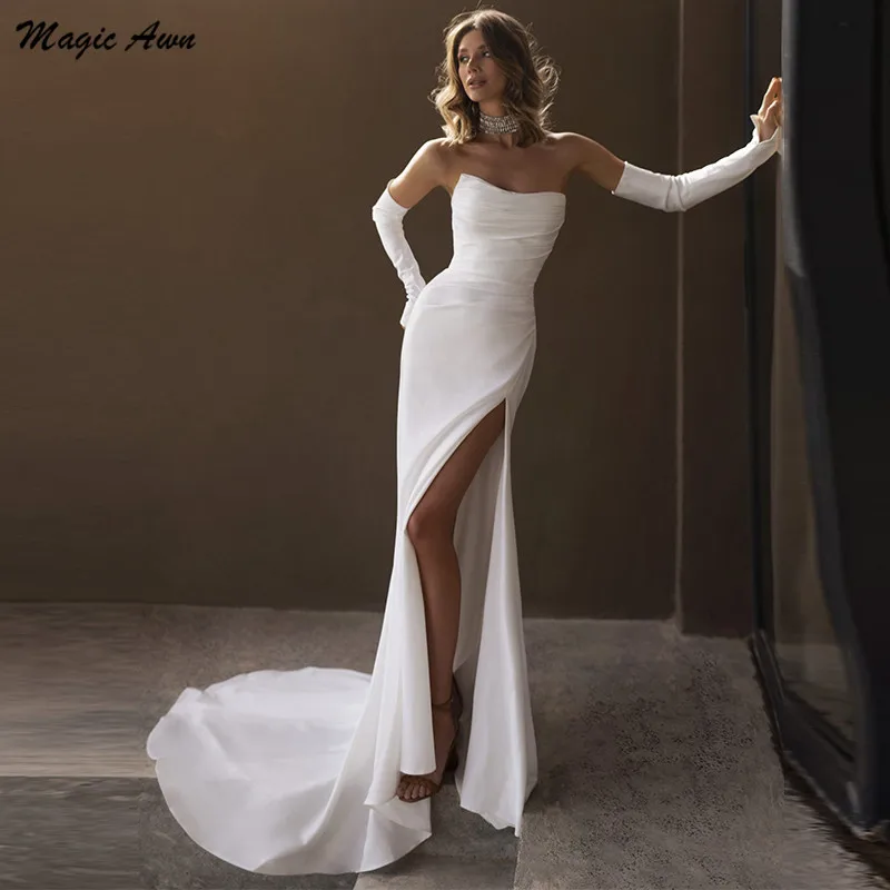 

Magic Awn Boho Mermaid Wedding Dresses Side Split Sweetheart Pleats Simple Beach Bridal Gowns Detachable Sleeves Bodice Dress