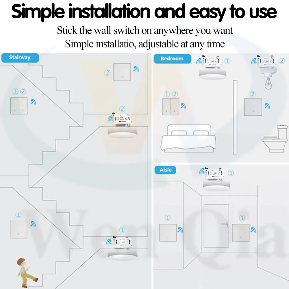 WenQia Universal 433Mhz Wireless Switch Lmap LED Light Remote Controller AC 110V 220V RF Relay Receiver Module and Wall Switch