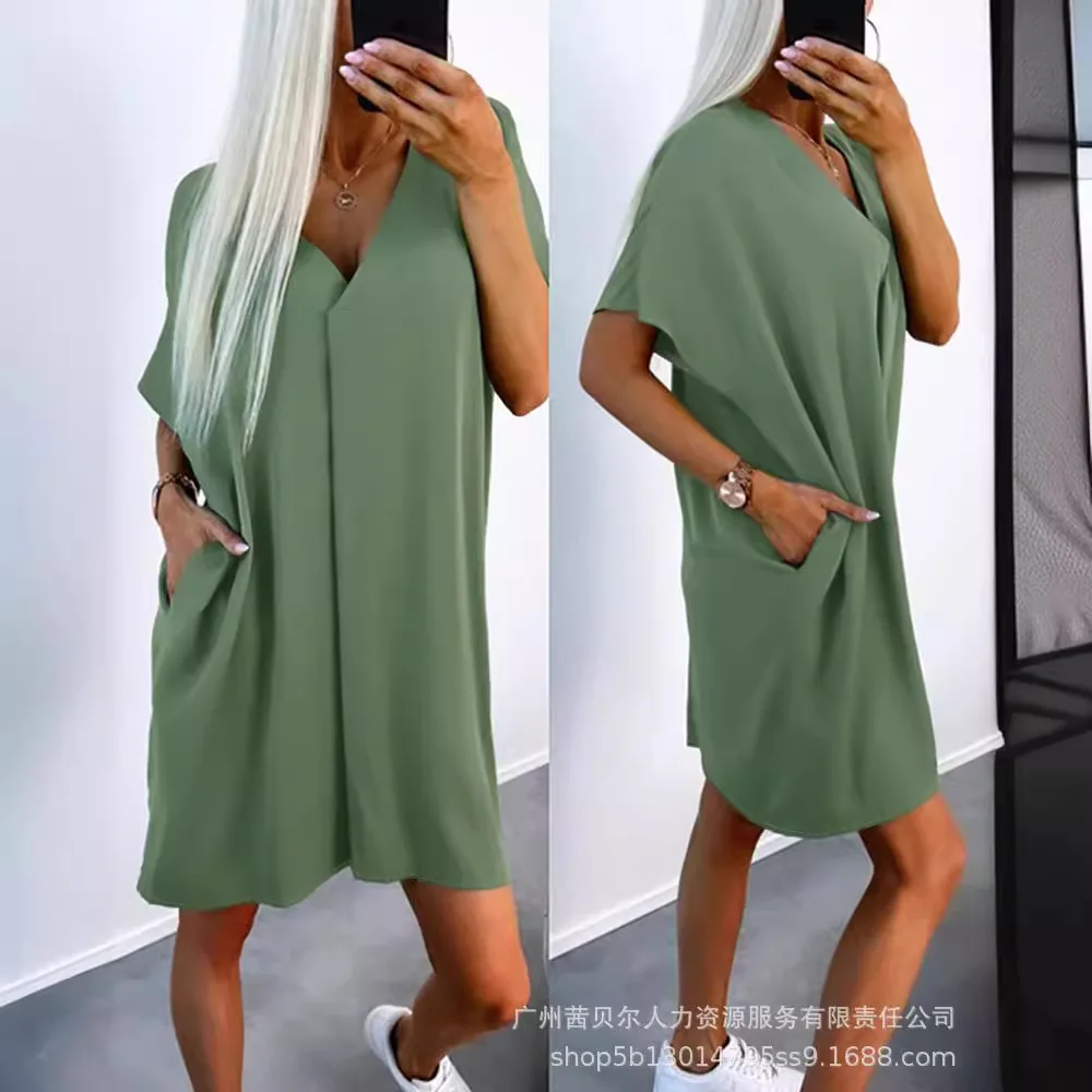 

Pocket Design V-Neck Casual Dress Women Solid Color Loose Summer Mini Dress Fashion