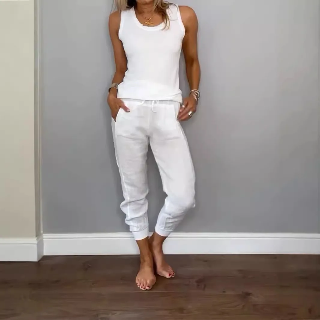 

2026 Independent Station Summer Autumn New Cotton Linen Vest Drawstring Casual Pants Set
