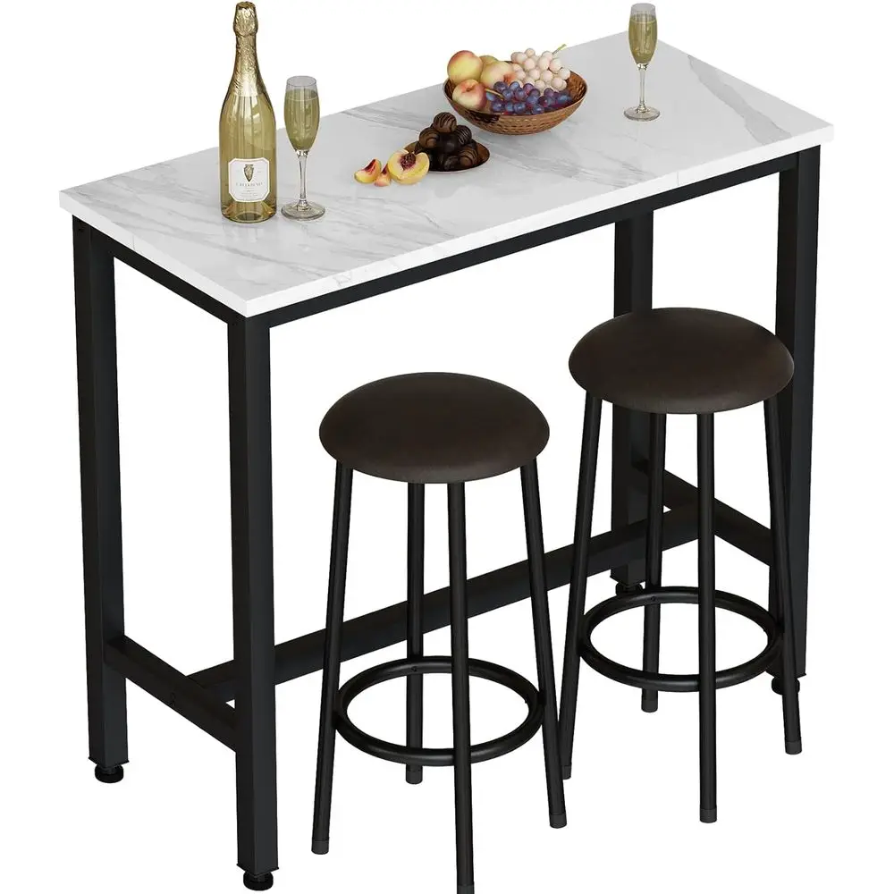 

39.3 Inch Faux Marble Pub Height Bar Table and Chairs Set of 2 with Upholstered Stools 3 Piece Dining Set for Living Room Kitche