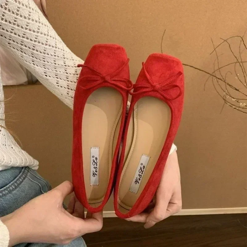 

Woman Casual Square Head Bow Flats Flock Mocasines Ballerina Flats Female Suede Elegant Soft Sole Women Shoes