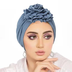 Trendy Crinkle Women's Hijab Solid Color Muslim Ladies Turban Bonnet Flower Decor Ramadan Head Wrap Head Scarf Indian Hat Mujer