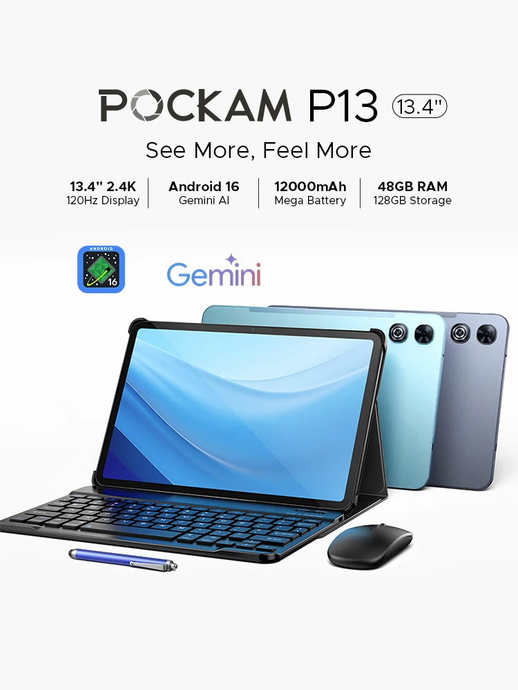 POCKAM P13 2-in-1 Smart Tablet PC Gemini AI Android 16 13,4 Zoll 48GB RAM (8+40) 128GB ROM 12000mAh Akku Widevine L1 WLAN-Version Mit Bluetooth-Maus, Tastatur Tablet Android