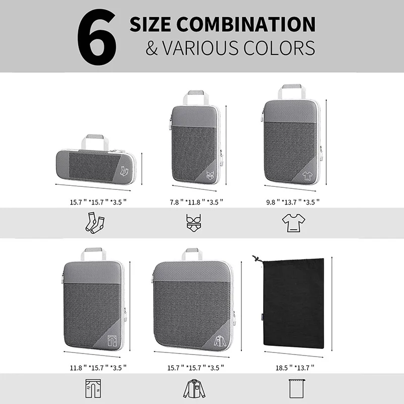 3/6PCS Compressed Packing Cubes Travel Storage Organizer Set With Shoe Bag Mesh Visual Luggage Portable Lightweight Suitcase Bag