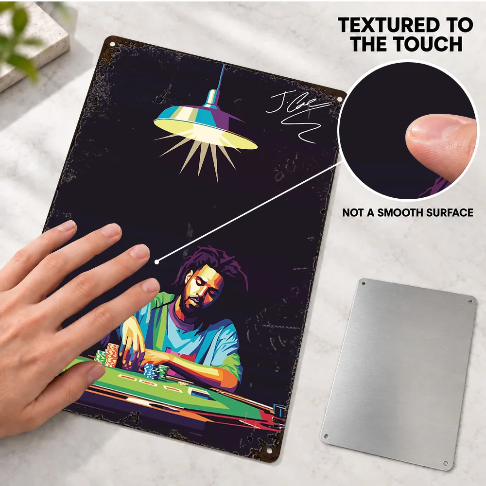 J. Cole Playing Poker Printed Poster Personalized Aluminum Metal Sign Painterly Illustration Wall Art For Music Listening Corner
