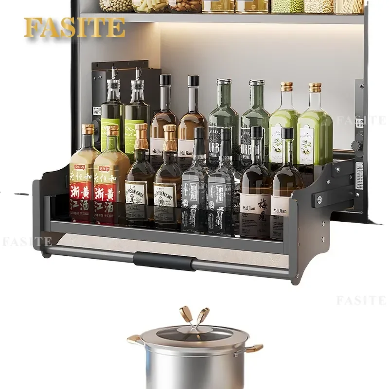 For Kitchen Cabinet Hanging Pull Down Basket Aluminum Alloy Seasoning Storage Shelf Open Door Lift Damping Rack Space Saving