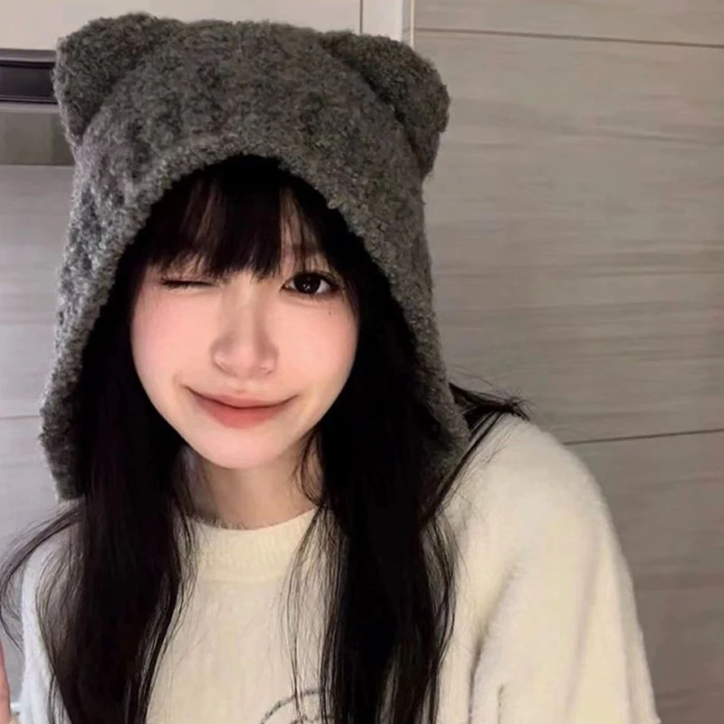 Cute Bear Ear Wool Hat Winter Beanies Warm Lace-up Ear Protection Knitted Bomber Cap Bonnets Knitting Korea Women Warm image 5