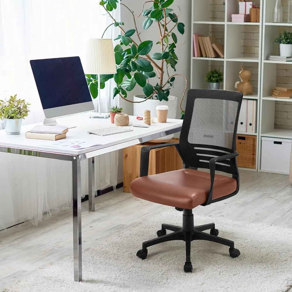 Yaheetech Mid Back Mesh Office Chair with Leather Seat Executive Office Computer Task Chair with Armrests and Lumbar Support, Br