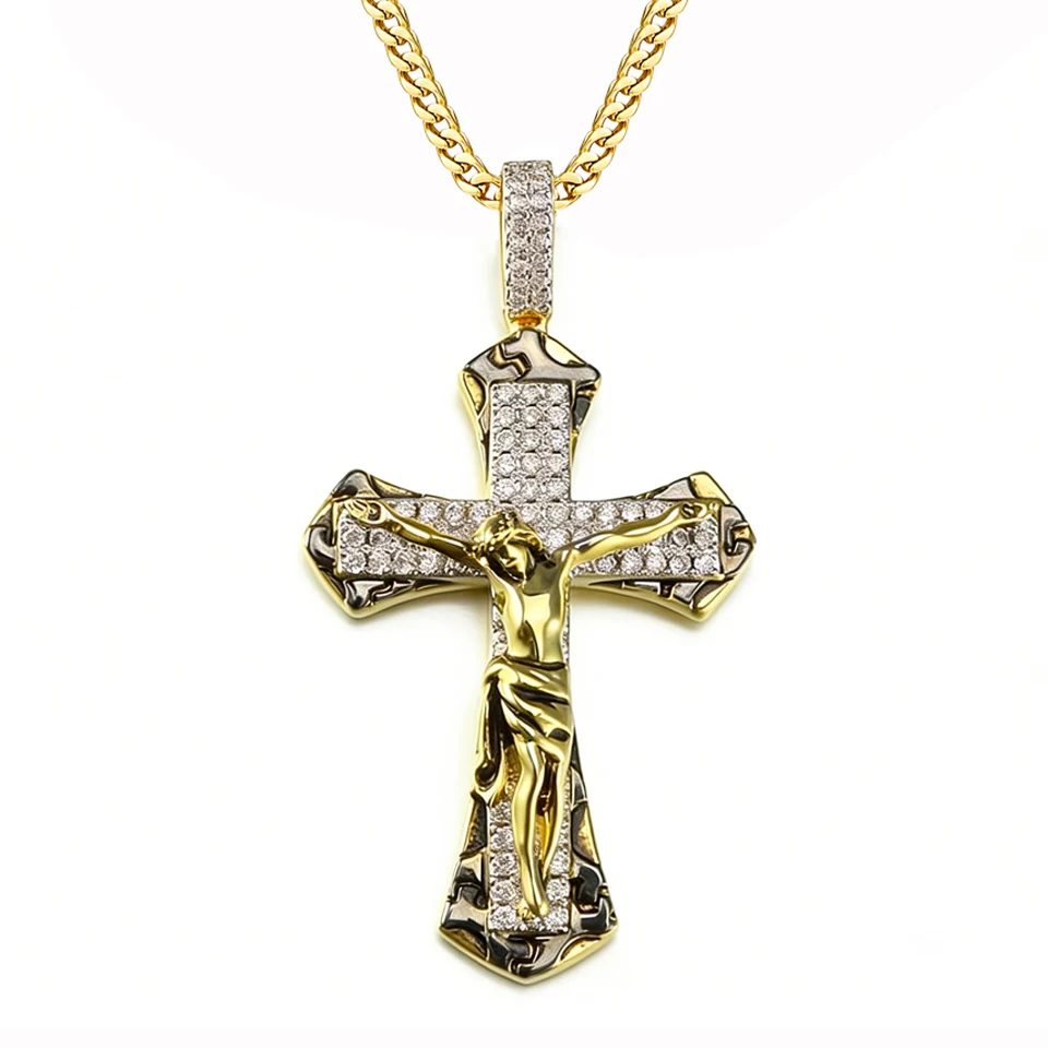 

VANAXIN Fully Paved Jesus Cross Necklace with CZ Stones 14K Gold Plated Crucifix Pendant for Men Women