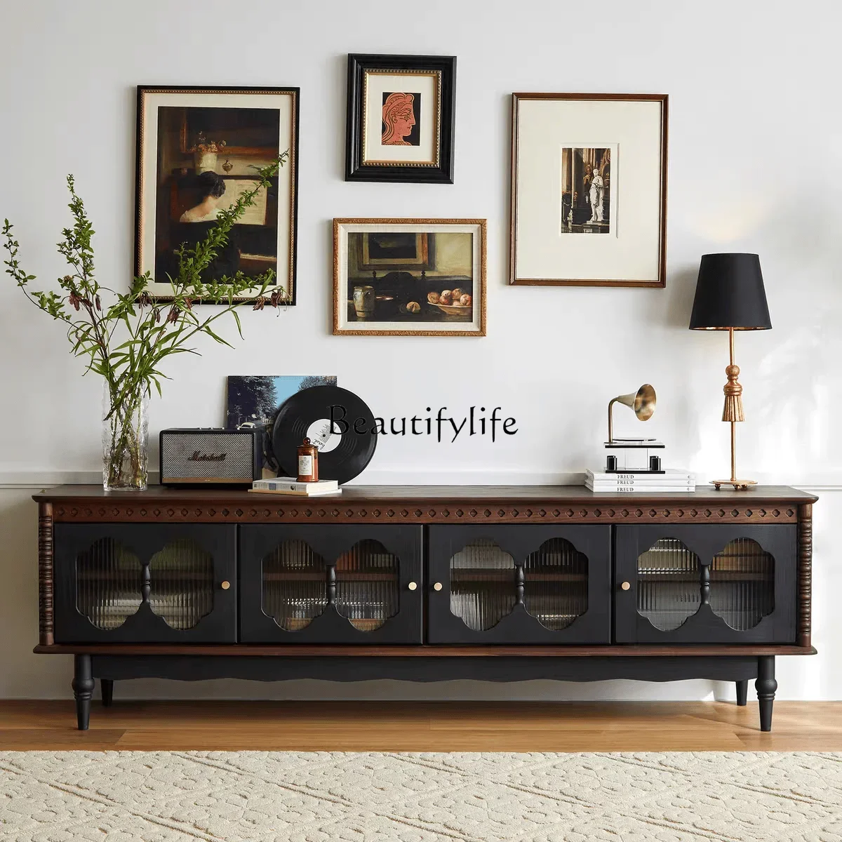

LXFrench retro solid wood TV cabinet black floor lockerSSS