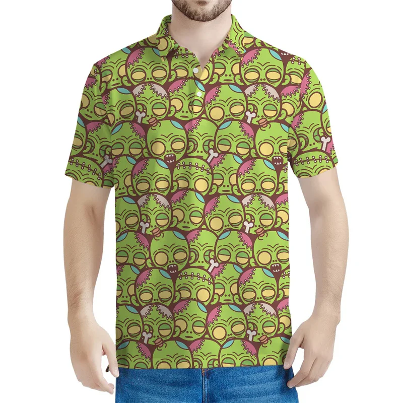 

Cartoon Zombie Pattern Polo Shirt For Men 3D Printing Brain Eyes Short Sleeve Lapel Blouse Summer Harajuku Tops Button T-shirt