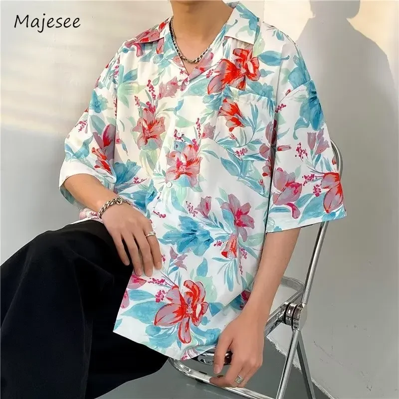 

Hawaiian Shirts Men Advanced Breathable Trendy Summer Half Sleeve Floral High Street Pocket Korean Style Male Hipster Handsome