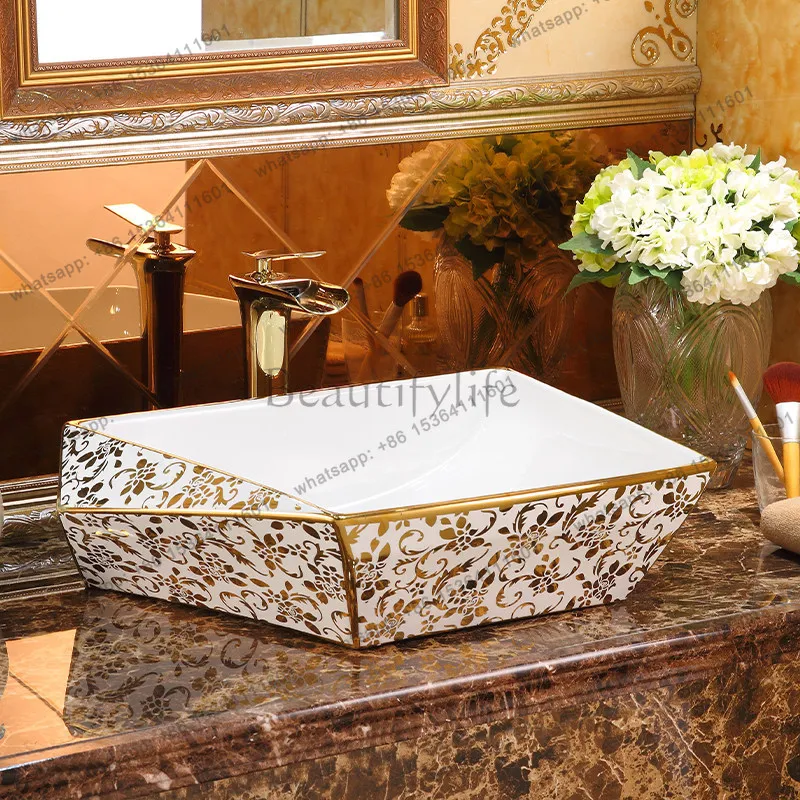 

Golden table ceramic art basin European bathroom rhombus washbasin