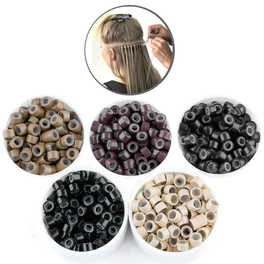 500pcs Hair Extension Micro Rings Links Beads, 5mm Silicone Lined Beads For Hair Extensions Tool