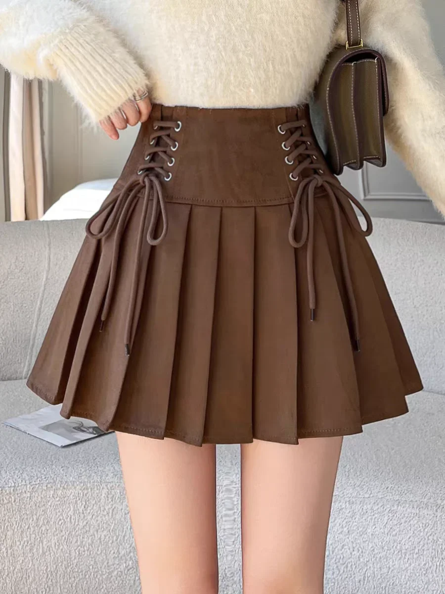 Women's 2026 New Collection Suede A-Line Skirts High Waisted Pleated Mini Flared Skirt for Autumn Winter, Casual Short Skirt