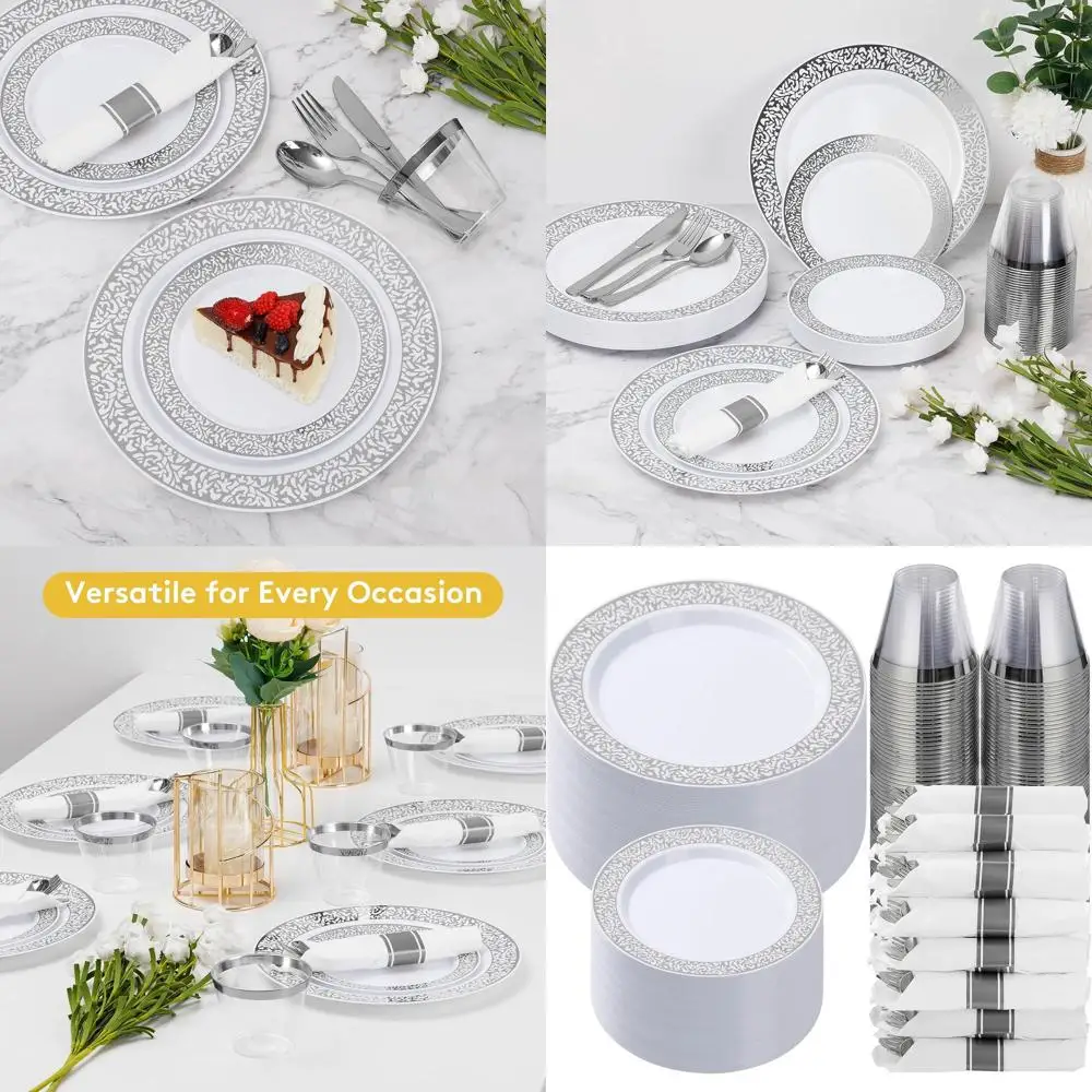 

Disposable Silver Plastic Dinnerware Set for 50 People: Lace Plates, Napkins, Cutlery, Cups
