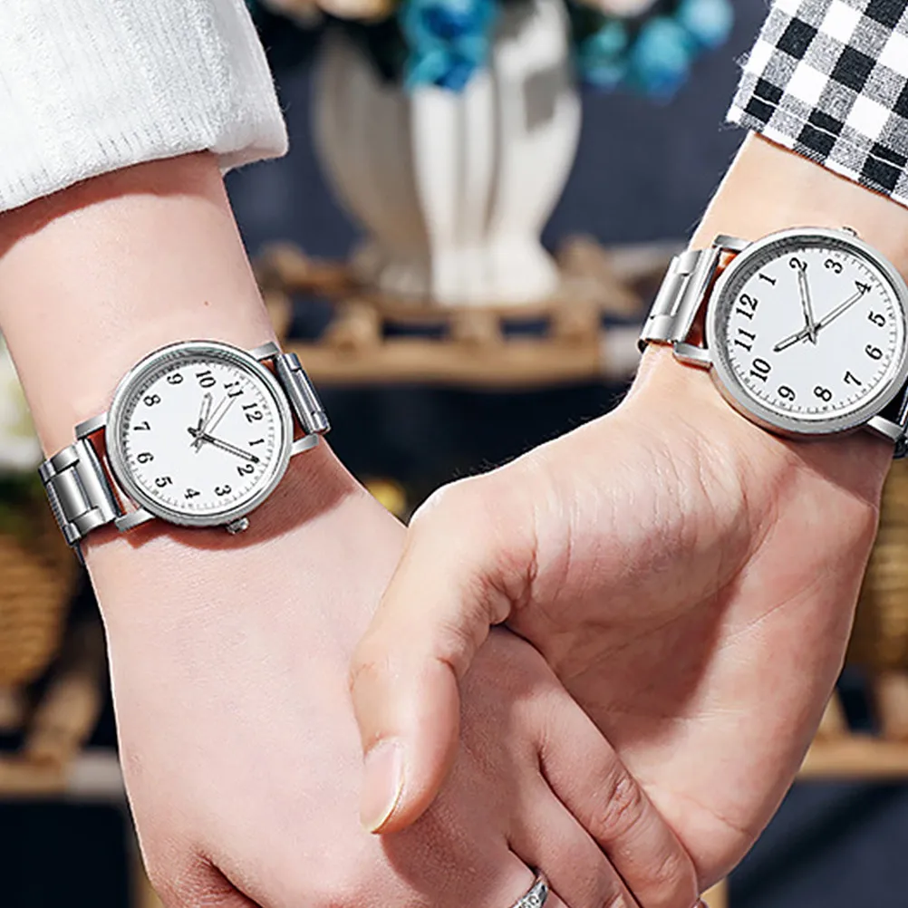 2Pcs Ladies Wristwatches Couple Silver Modern Minimalist Casual Business Stainless Steel Comfort Gift