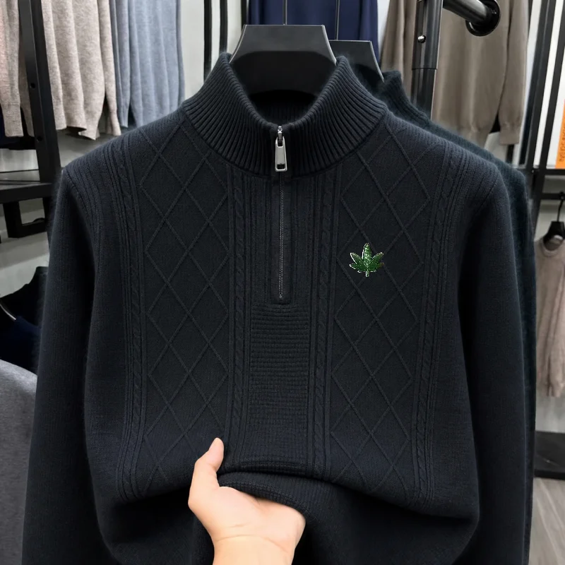 High-End Man Long-Sleeved Knitwear Mock Neck Zipper Leaf Embroidery Diamond Pattern Autumn Winter New Leisure Versatile Sweater
