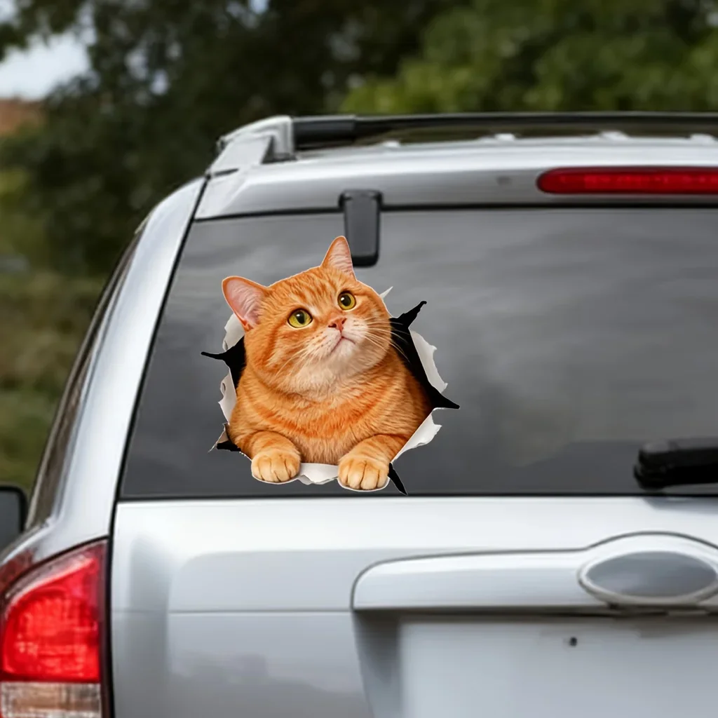 1Pc Cute Orange Cat 2D Break Wall Visual Illusion PVC Sticker, Funny Decal for Motorcycle Car Bedroom DIY Decor
