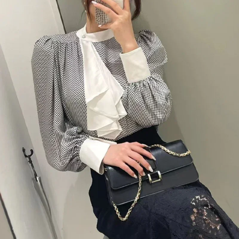 

WAKUTA Ribbon Chiffon Shirts Japanese Solid Color Slim Elegant Feminino Camisas 2024 Spring Summer Stand Collar Plaid Blouses