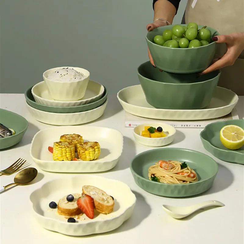 Ceramic Dinner Plate Beef Flat Tableware Round Solid Color Dessert Salad Plate Seasoning Bowl Snack Dish Soup Bowl Kitchen Tool