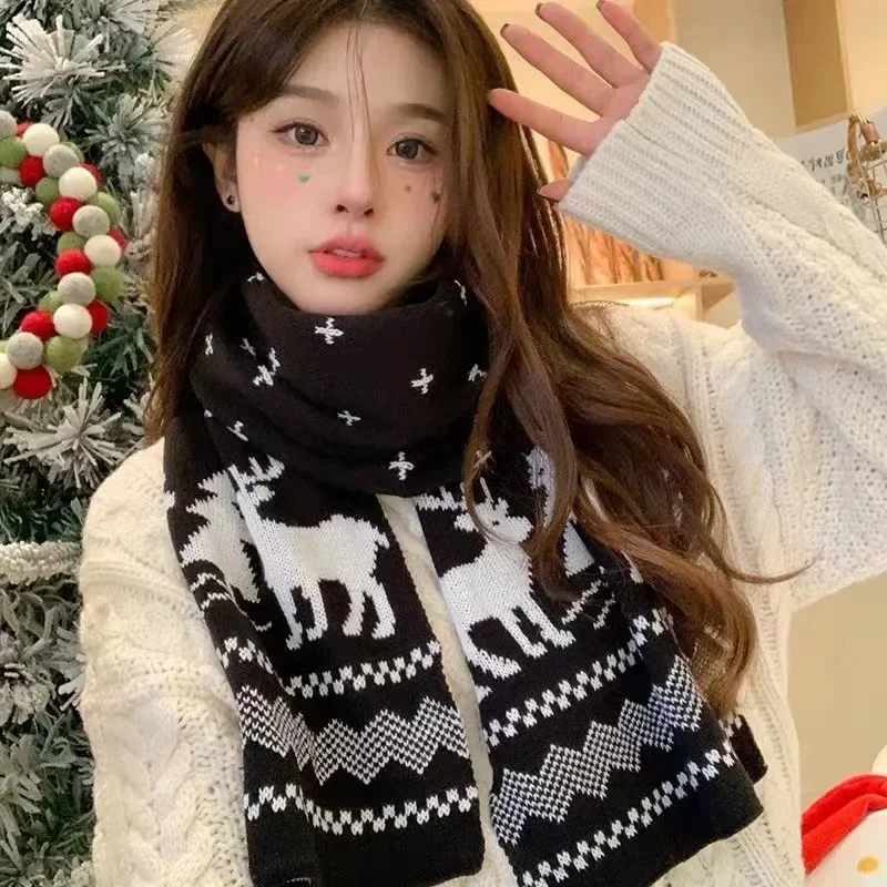 Knitted Big Christmas Scarf Winter Thicken Double-sided Warm Deer Elk Snowflake Printed Shawl Women Men Fashion Neckerchiefs