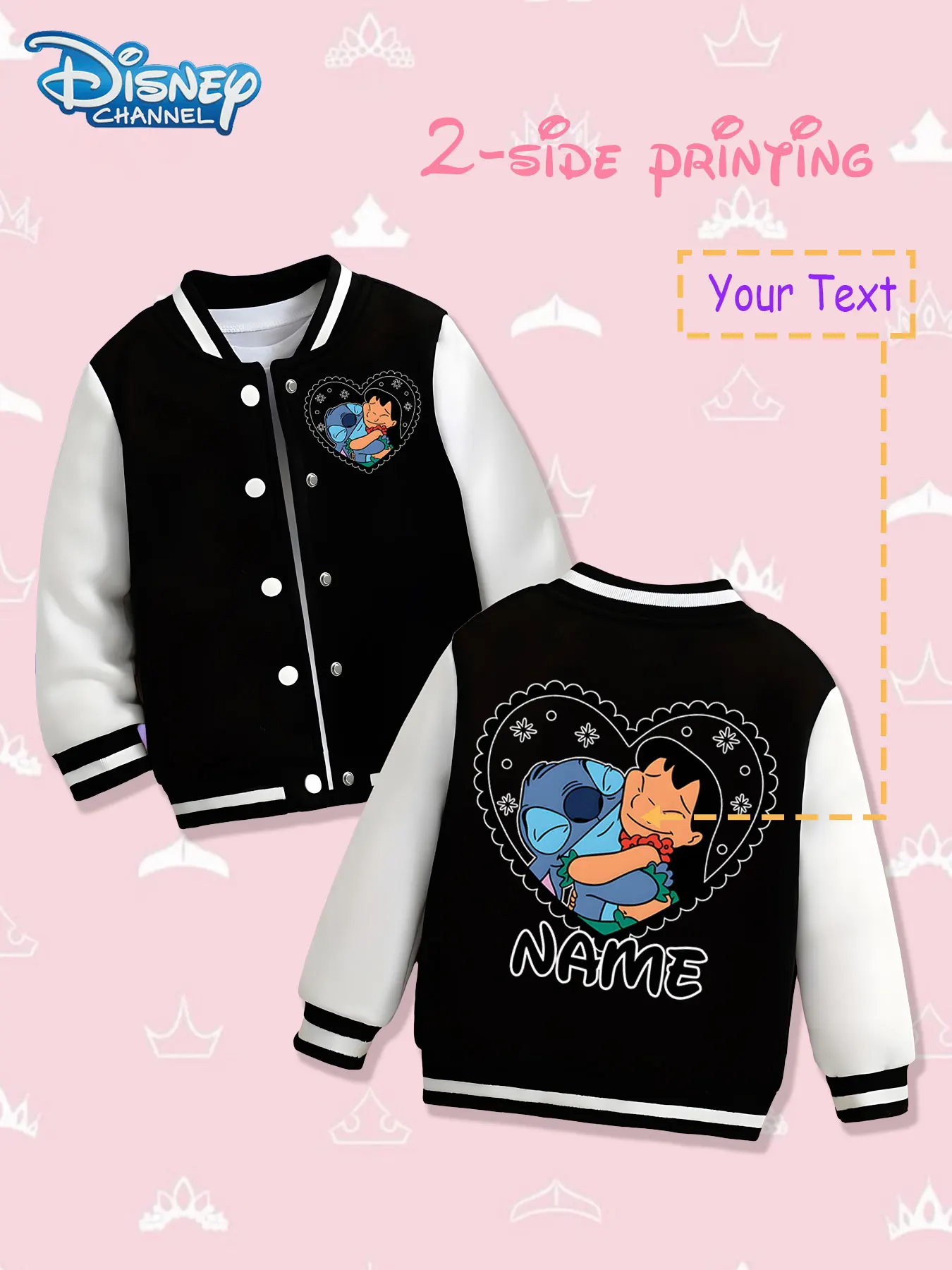

MINISO Disney Lilo & Stitch Heart Kids Baseball Jacket - Lilo and Stitch heart pattern is presented on both sides, conveying war