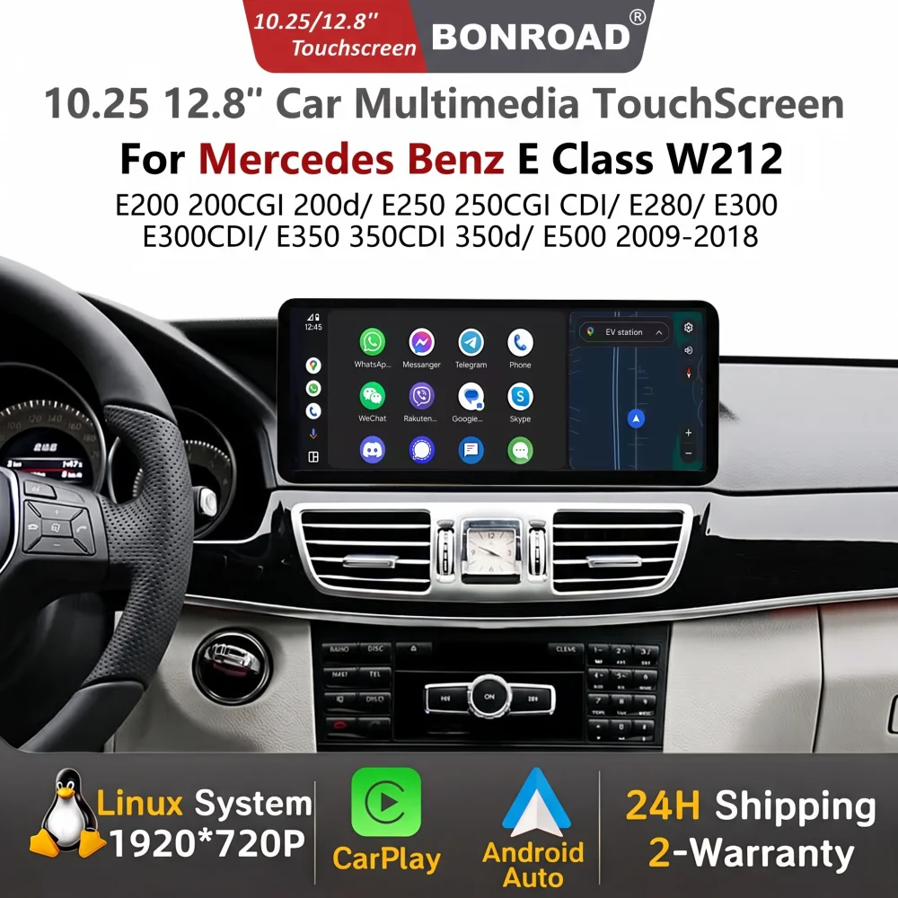 BONROAD Schermo Touch Multimediale 2400*900P per Mercedes Benz Classe E W212 2009-2016 con CarPlay Wireless, Android Auto, Bluetooth, GPS e Sistema di Navigazione Intelligente per Auto