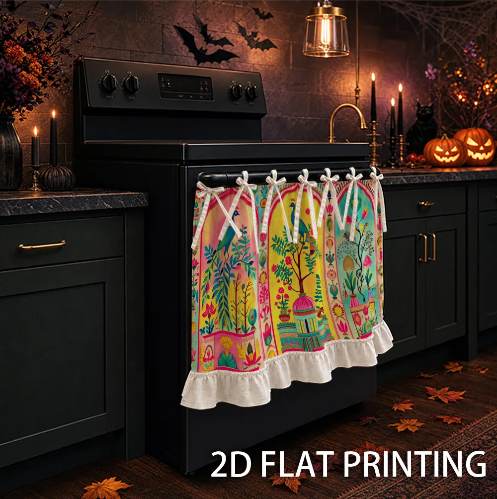 1PC kitchen stove curtain, cabinet curtain, apron. Designed with 2D graphics and printed with traditional peacock and floral des