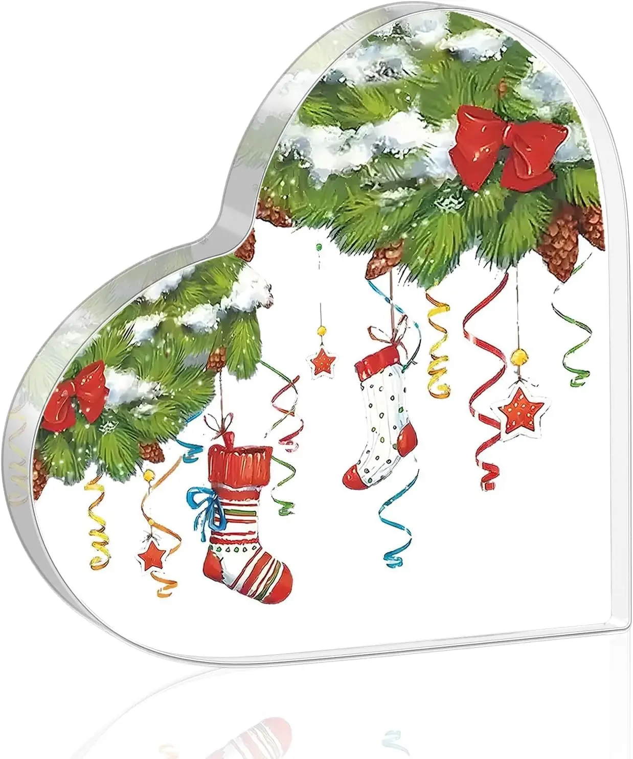 Christmas Decorations Acrylic Heart Shaped Plaque with Christmas Stocking, Farmhouse Coworker Christmas Ornament for Office Desk