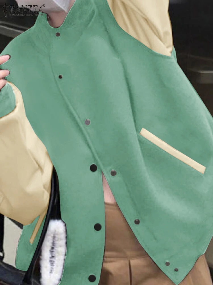 

ZANZEA 2025 Autumn Women Baseball Jackets Drop Shoulder Patchwork Outwear Casual Long Sleeve Harajuku Street Trend Loose Coats