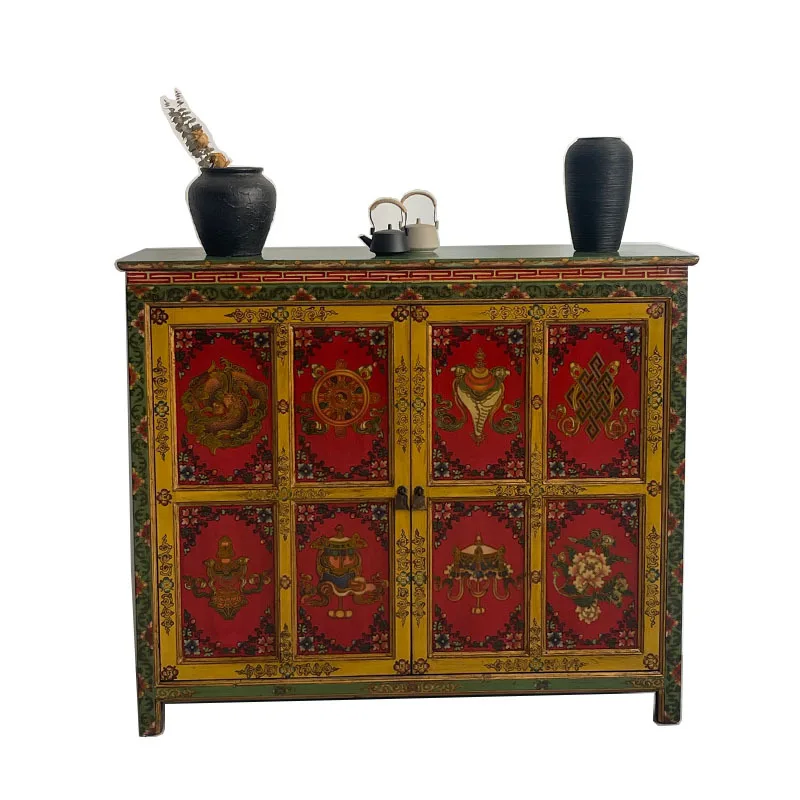 Yjq new Chinese solid wood dining side cabinet painted Tibetan storage porch wine cabinet retro shoe cabinet