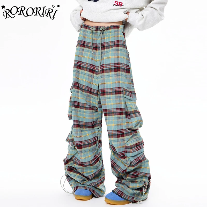 

RORORIRI Green Casual Pants for Women Elastic Band at Bottom Hip Pop Dance Plaid Training Pant Wide Leg Pleated Long Trousers