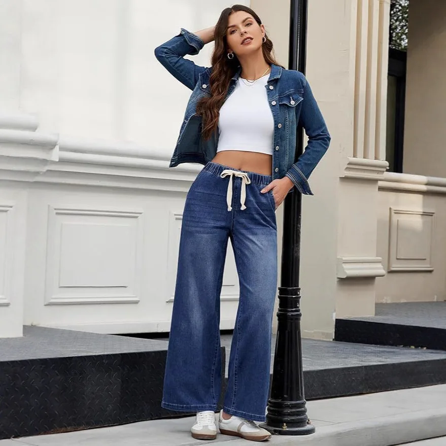 Elastic Waist High Waist Wide Leg Jeans For Women Loose Straight Blue Long Denim Pants Female Fashion Streetwear Jeans Trousers