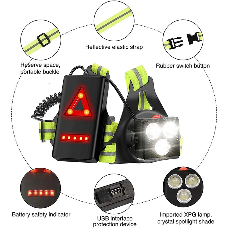 Night Running Lights For Runners, LED Chest Lamps With Reflective Vest Gear And Rechargeable Battery Charging Lights