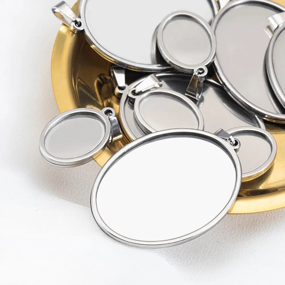 5pcs Stainless Steel Oval Pendant Base Blank Tray with Melon Seed Buckle Cabochon Charms Settings for Necklace Jewelry Making