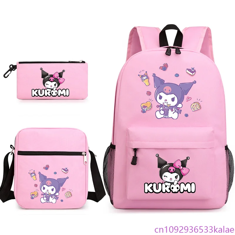

Cute Kawaii Kuromi Printed 3 Piece Backpack Boys Girls School Backpack Shoulder Bag Pencil Bag