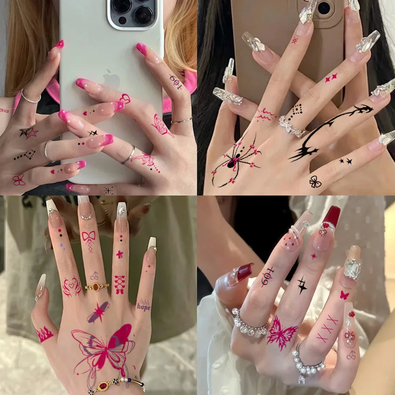 Finger Tattoo Stickers Millennial Style Retro Fashion Sense Pink Temporary Tattoo Stickers Woman Party Face Body Makeup Art