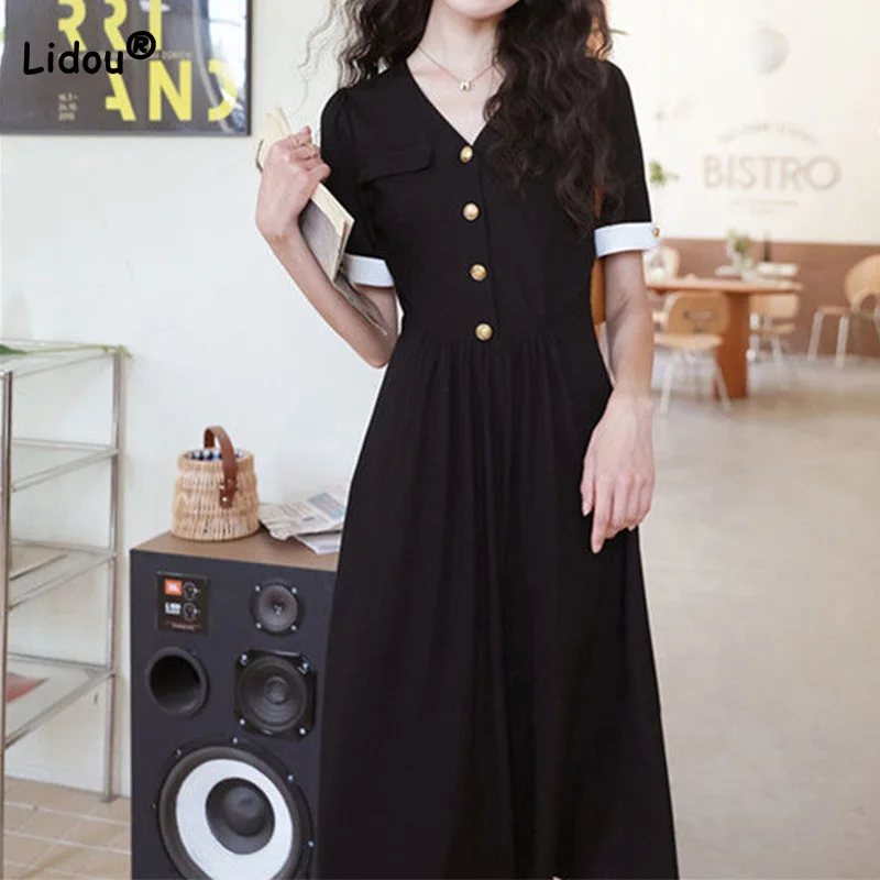 Hepburn Wind Contrasting Colors Temperament and Self-cultivation V-Neck Nail Buckle Short Sleeve Party Elegant Black Long Dress