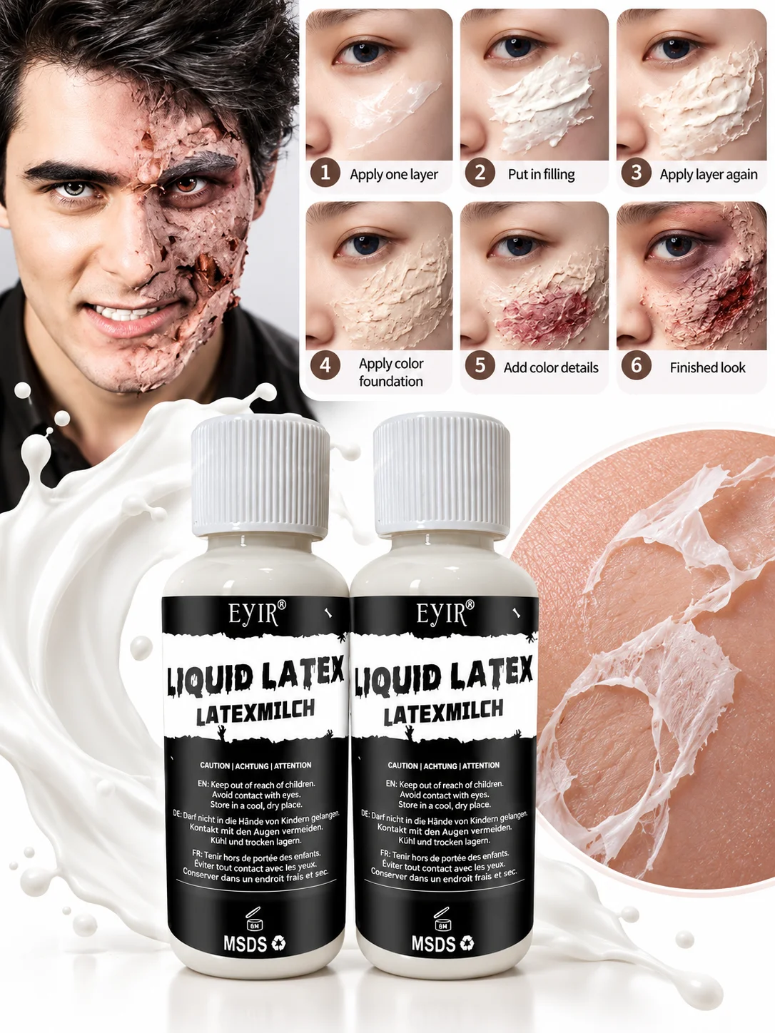 EYIR Halloween SFX Flüssiglatex Make-up Set 2 Stück 30ml Kunsthaut Effekt für Spezialeffekt Make-up Zombie Monster Kostüm – Detail 1