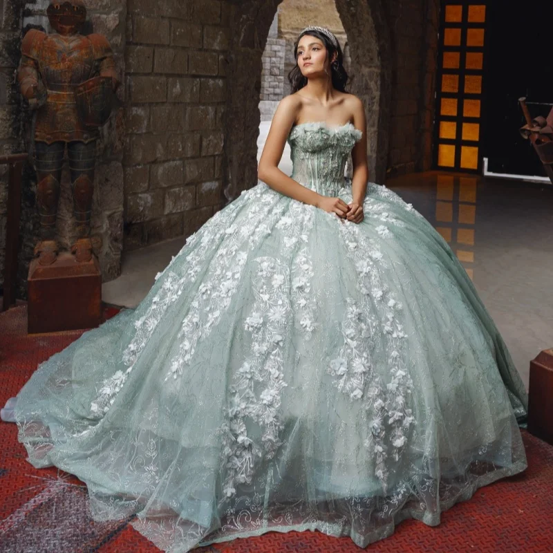 

Синие платья для квинсеаньеры с открытыми плечами, с кристаллами, блестками, 3D-цветами, длинным шлейфом и бантом, Vestido de 15 Quinceanera, на заказ