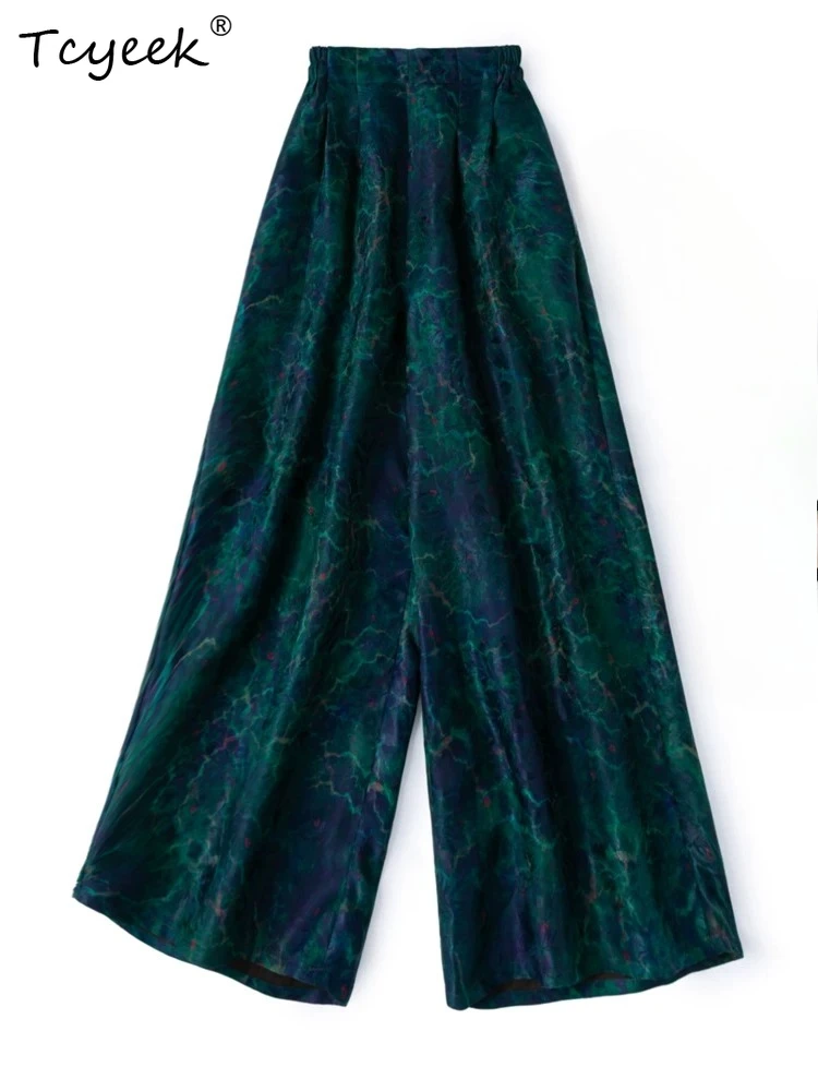 

Tcyeek 24 Momme 100% Mulberry Silk Casual Pants Women 2026 Summer Clothes Wide Leg Pants Woman Vintage Print Pantalones De Mujer